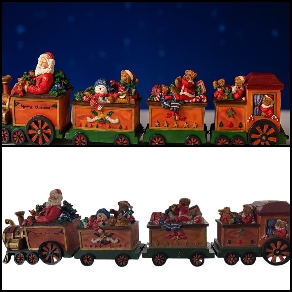 CHRISTMAS TRAIN DECOR WOOD RESIN 4 PIECES SANTA TEDDY BEARS SNOWMEN 28”Long - Picture 1 of 15